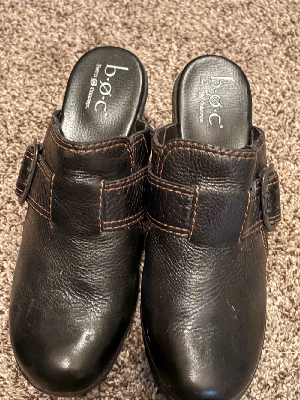 Women’s 8.5 b.o.c. Black Leather Slip-On Buckle Clogs